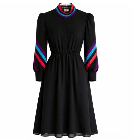 Benee | Vintage Black Semi-Sheer Midi Dress | Red & Turquoise Accent Collar - Picture 6 of 12